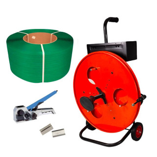 Kit de flejado poliéster 12mm con flejadora, devanadera y grapas