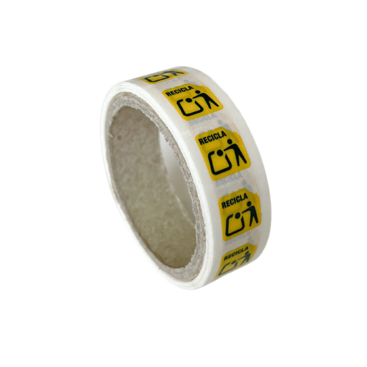 Etiqueta "Recicla" amarilla 10 x 10 mm – Marcado reciclaje plástico conforme al Real Decreto 1055/2022 | Embaleo