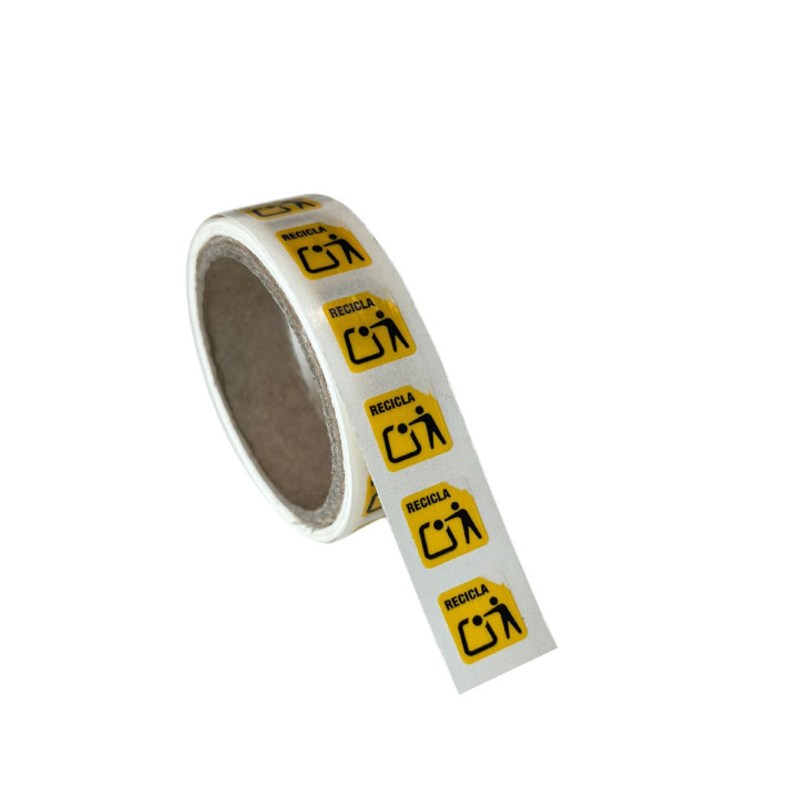 Etiqueta "Recicla" amarilla 10 x 10 mm – Marcado reciclaje plástico conforme al Real Decreto 1055/2022 | Embaleo
