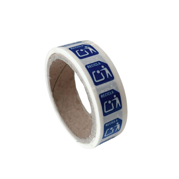 Etiqueta "Recicla" azul 10 x 10 mm – Marcado reciclaje papel conforme al Real Decreto 1055/2022 | Embaleo