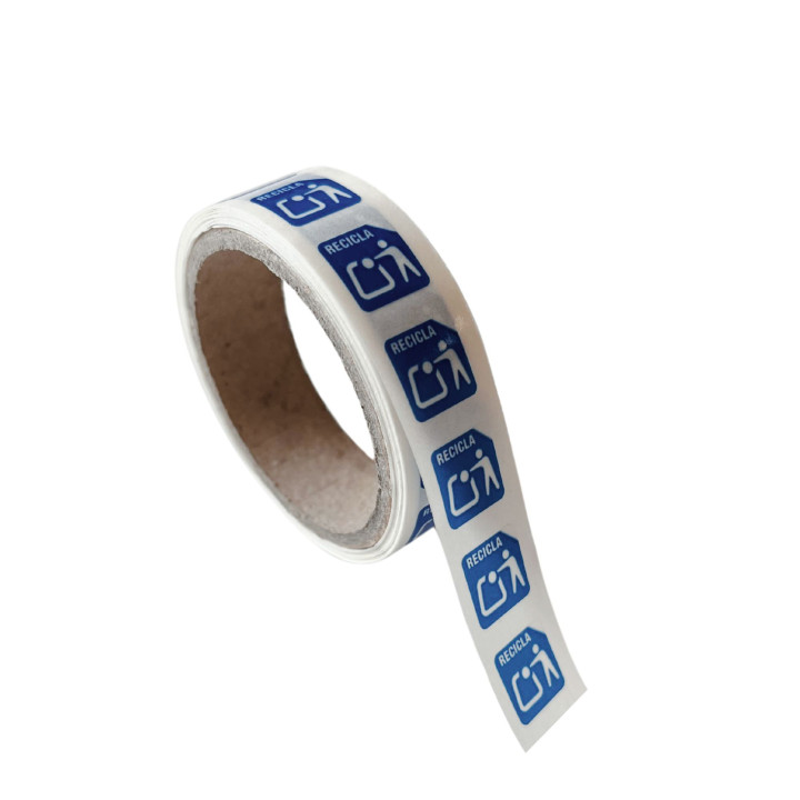 Etiqueta "Recicla" azul 10 x 10 mm – Marcado reciclaje papel conforme al Real Decreto 1055/2022 | Embaleo