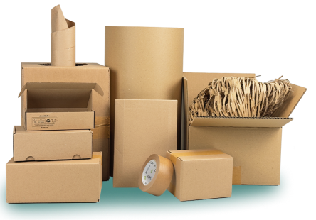 Las mismas cajas, de cartón reciclado